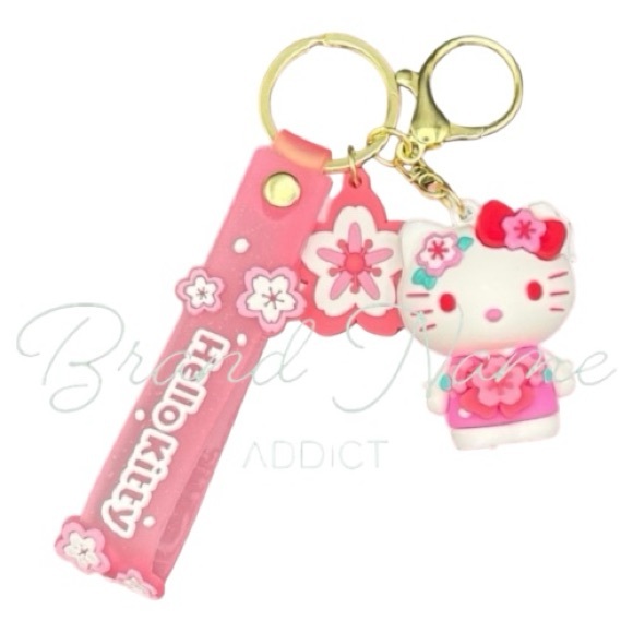 Hello Kitty Accessories - Hello Kitty Pink & White Keychain with Clip & Floral Accents